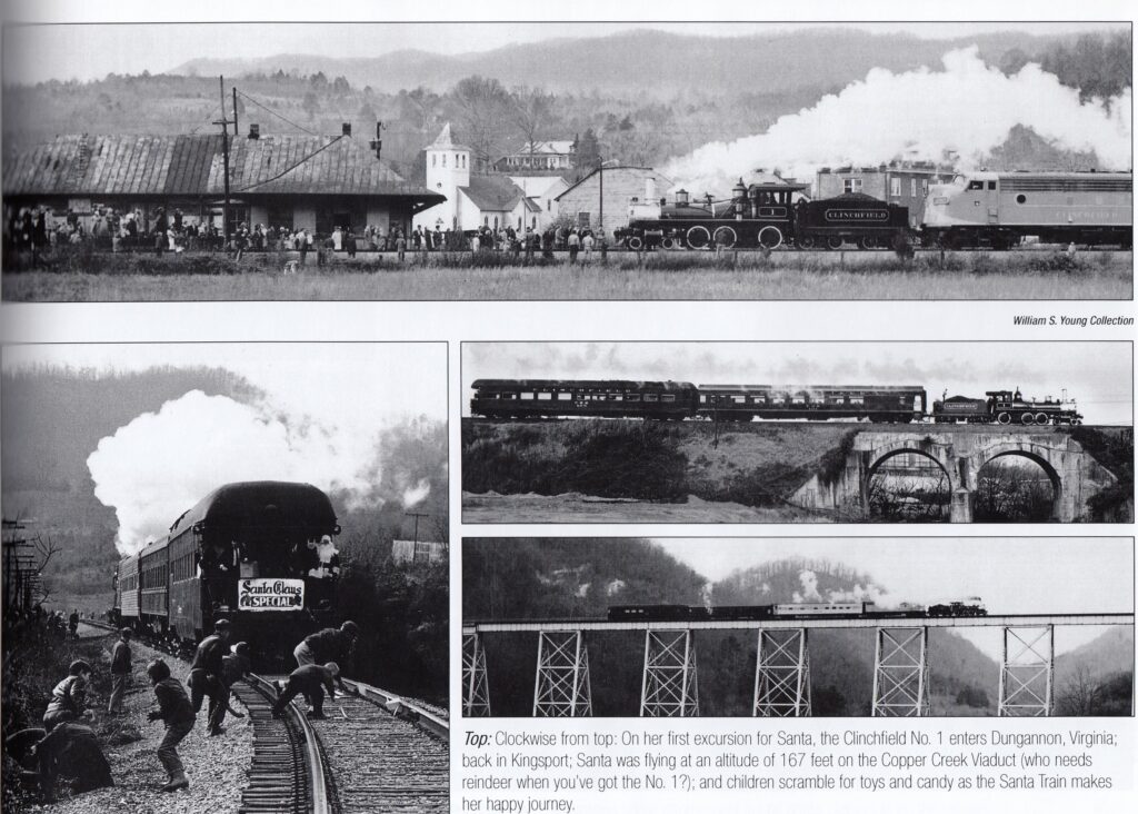 Four black and white photos. One is of the first Santa Train in 1943 pulling into a station, one is of kids collecting candy on the train tracks as the Santa Train recedes into the background, and two are of the Santa Train crossing bridges.